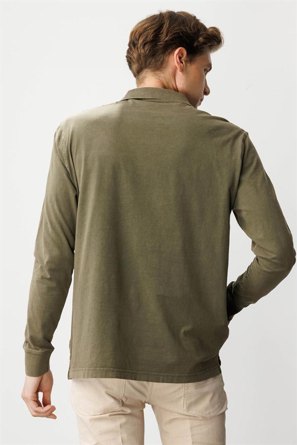 Erkek Polo Yaka Uzun Kollu Sweatshirt Haki