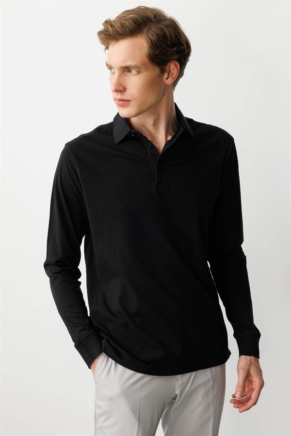 Erkek Polo Yaka Uzun Kollu Sweatshirt Siyah