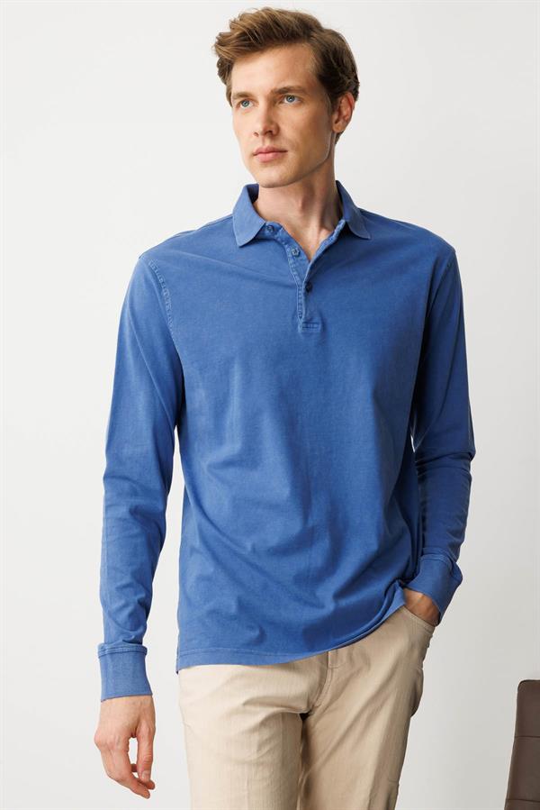 Erkek Polo Yaka Uzun Kollu Sweatshirt Saks