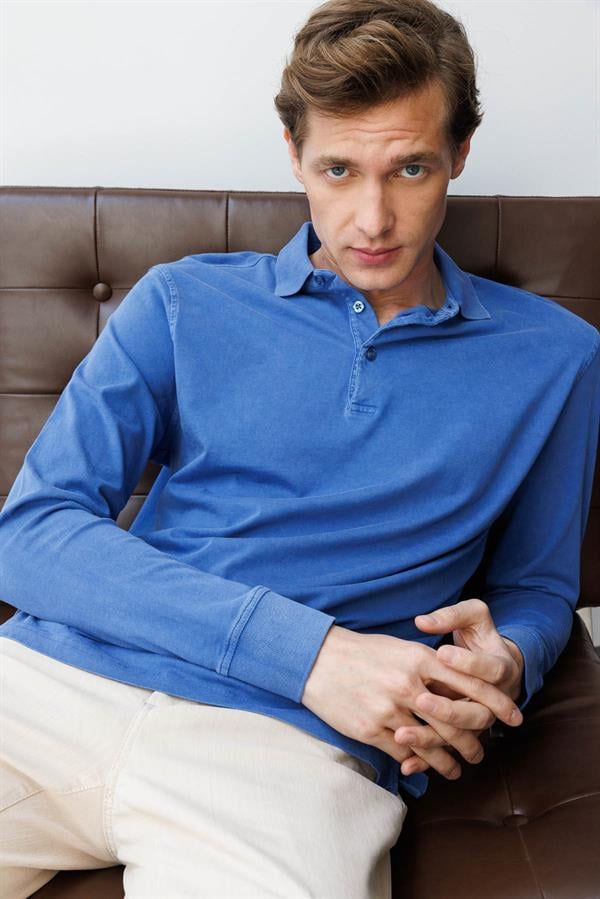 Erkek Polo Yaka Uzun Kollu Sweatshirt Saks