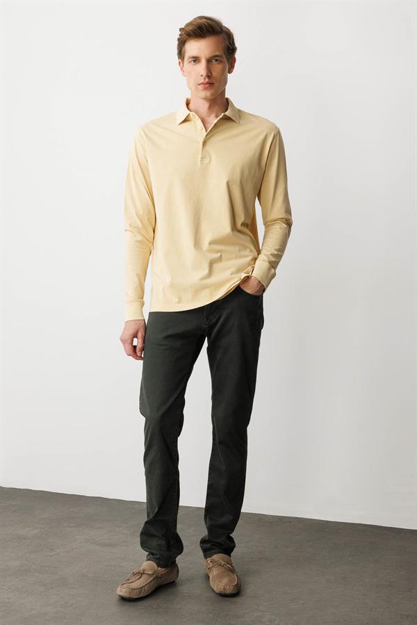 Erkek Polo Yaka Uzun Kollu Sweatshirt Sarı