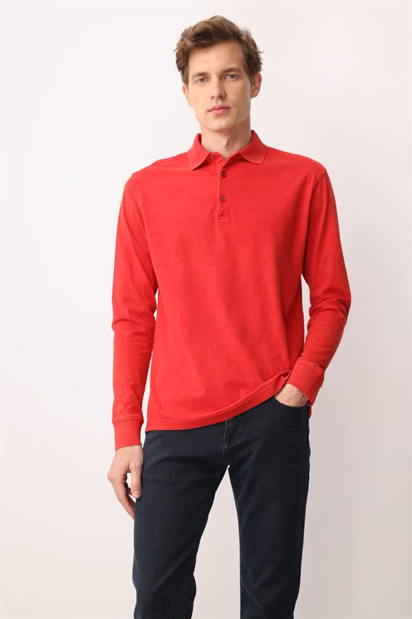 Erkek Polo Yaka Uzun Kollu Sweatshirt Kırmızı