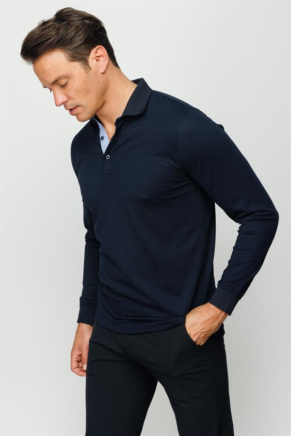 Erkek Polo Yaka Uzun Kollu Sweatshirt Lacivert