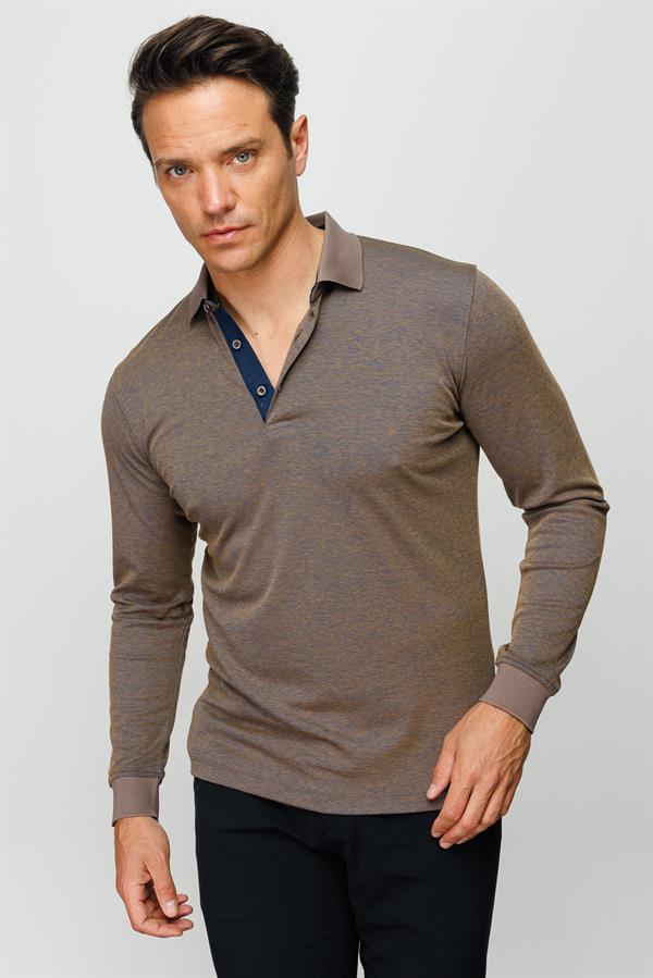 Erkek Polo Yaka Uzun Kollu Sweatshirt S.Kahve