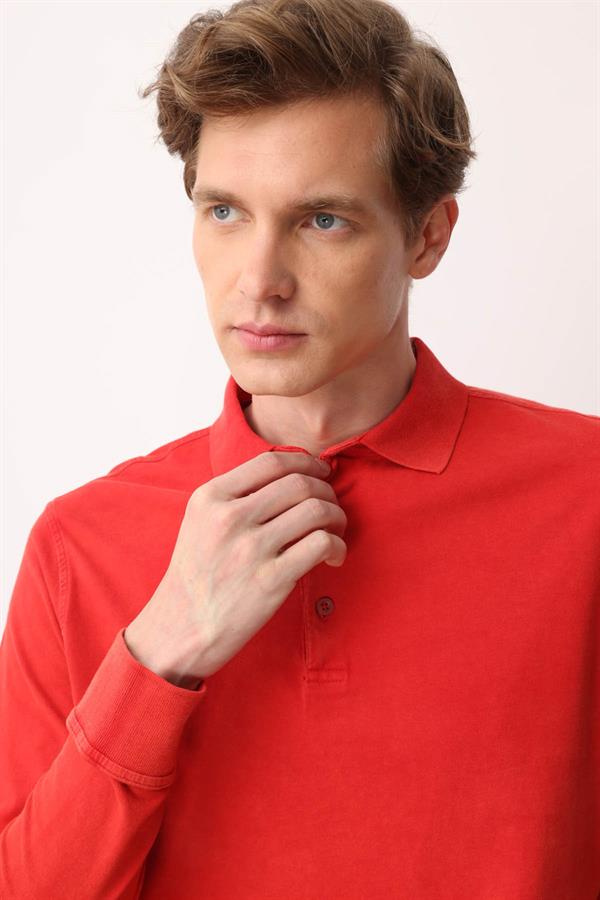 Erkek Polo Yaka Uzun Kollu Sweatshirt Kırmızı