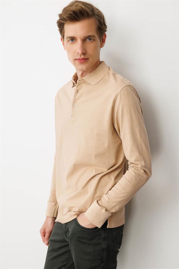 Erkek Polo Yaka Uzun Kollu Sweatshirt K.Bej