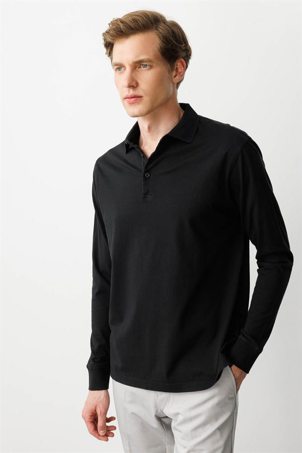 Erkek Polo Yaka Uzun Kollu Sweatshirt Siyah