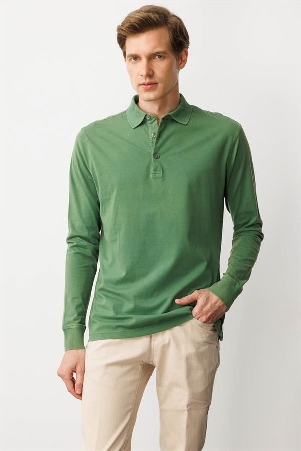 Erkek Polo Yaka Uzun Kollu Sweatshirt A.Yeşil
