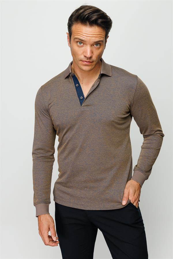 Erkek Polo Yaka Uzun Kollu Sweatshirt S.Kahve