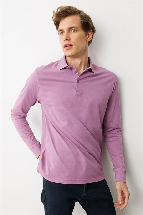 Erkek Polo Yaka Uzun Kollu Sweatshirt Lila