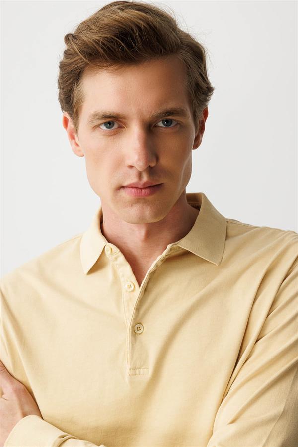 Erkek Polo Yaka Uzun Kollu Sweatshirt Sarı