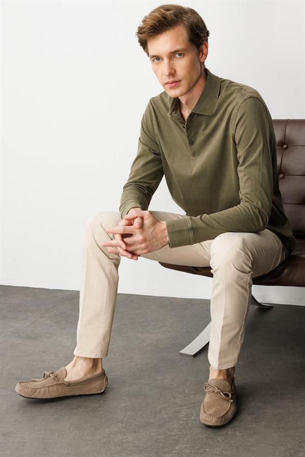 Erkek Polo Yaka Uzun Kollu Sweatshirt Haki