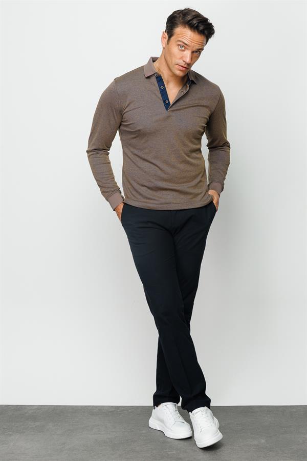 Erkek Polo Yaka Uzun Kollu Sweatshirt S.Kahve