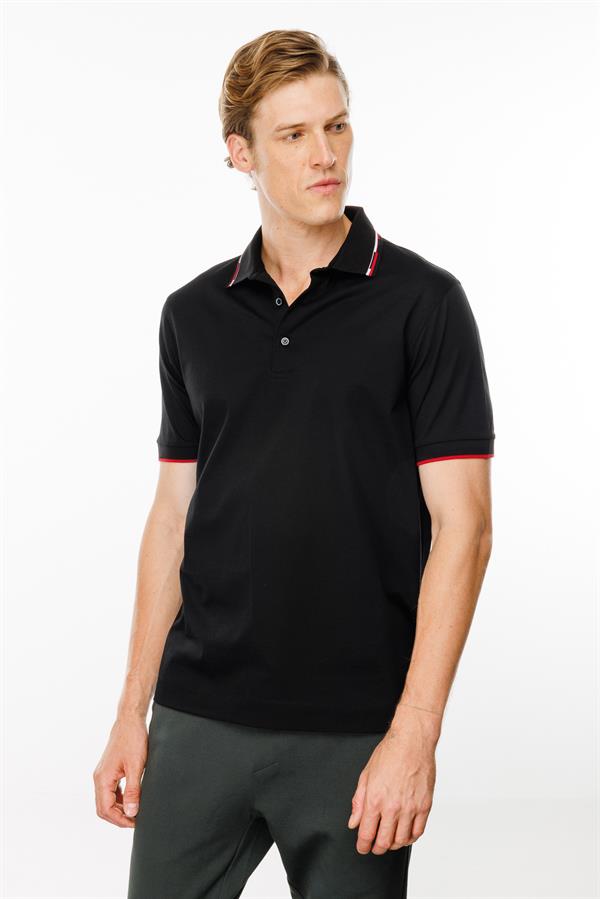 Erkek Polo Yaka Yakası Çizgili T-shirt Siyah