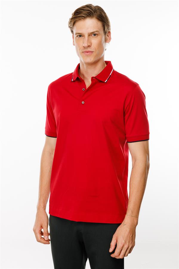 Erkek Polo Yaka Yakası Çizgili T-shirt Kırmızı