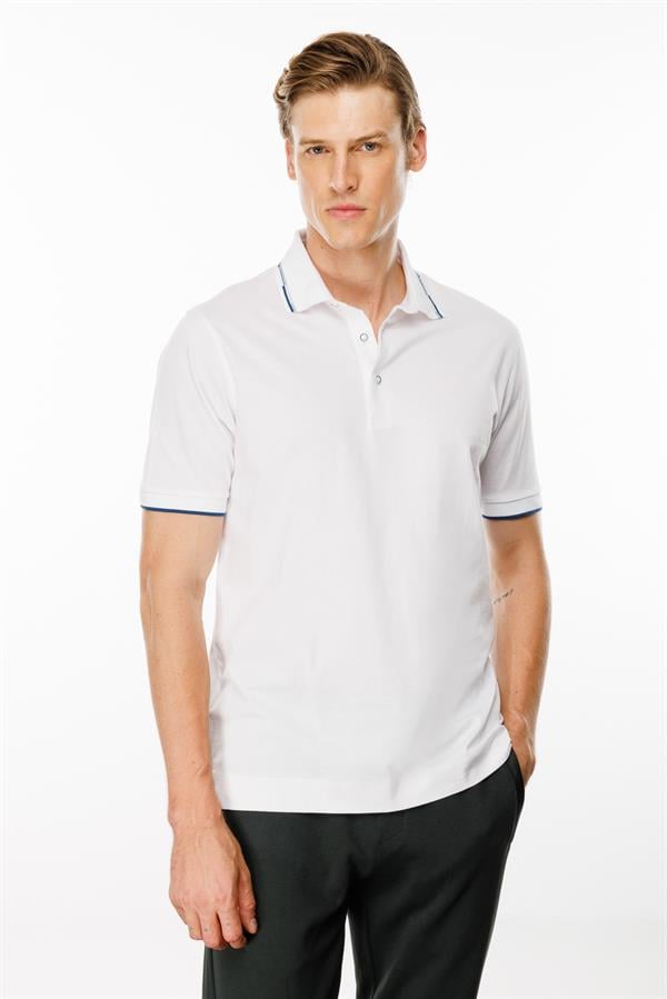 Erkek Polo Yaka Yakası Çizgili T-shirt Beyaz