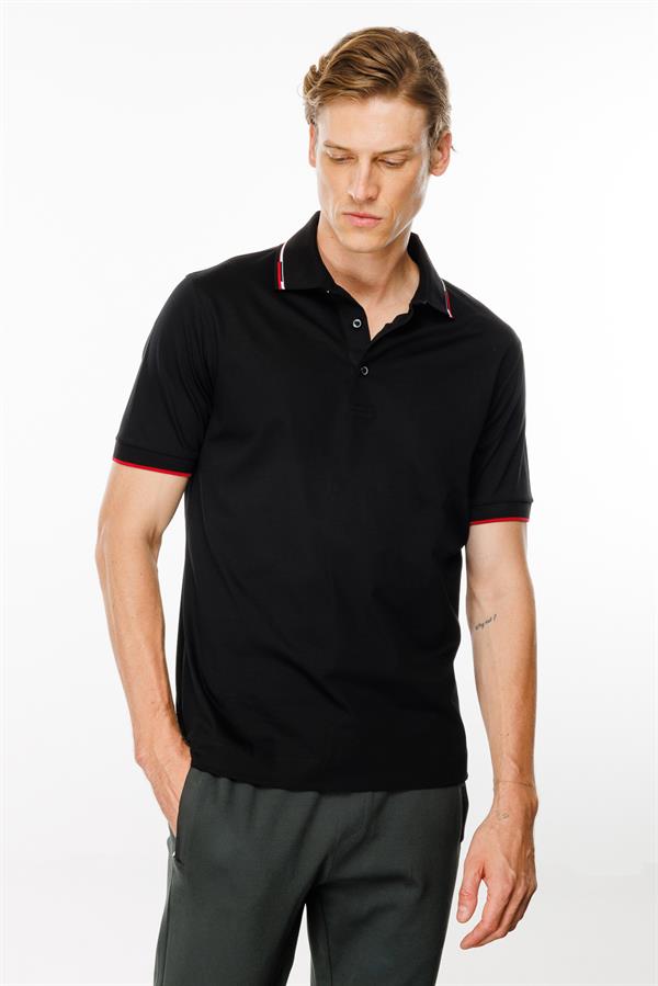 Erkek Polo Yaka Yakası Çizgili T-shirt Siyah