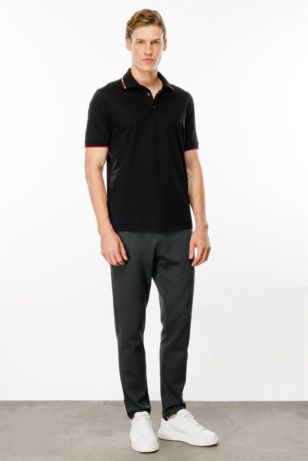Erkek Polo Yaka Yakası Çizgili T-shirt Siyah