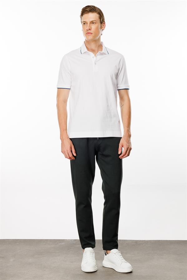 Erkek Polo Yaka Yakası Çizgili T-shirt Beyaz