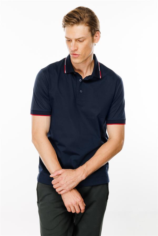 Erkek Polo Yaka Yakası Çizgili T-shirt Lacivert