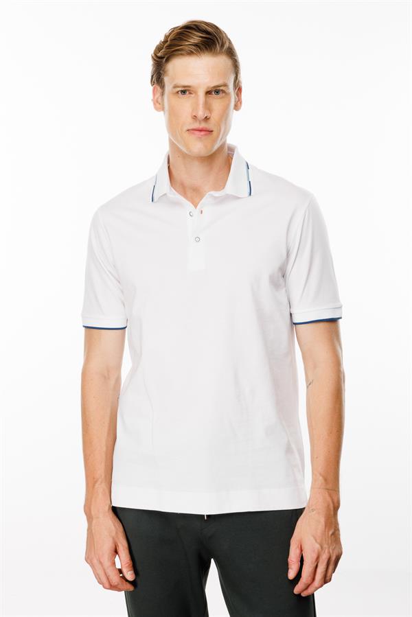 Erkek Polo Yaka Yakası Çizgili T-shirt Beyaz
