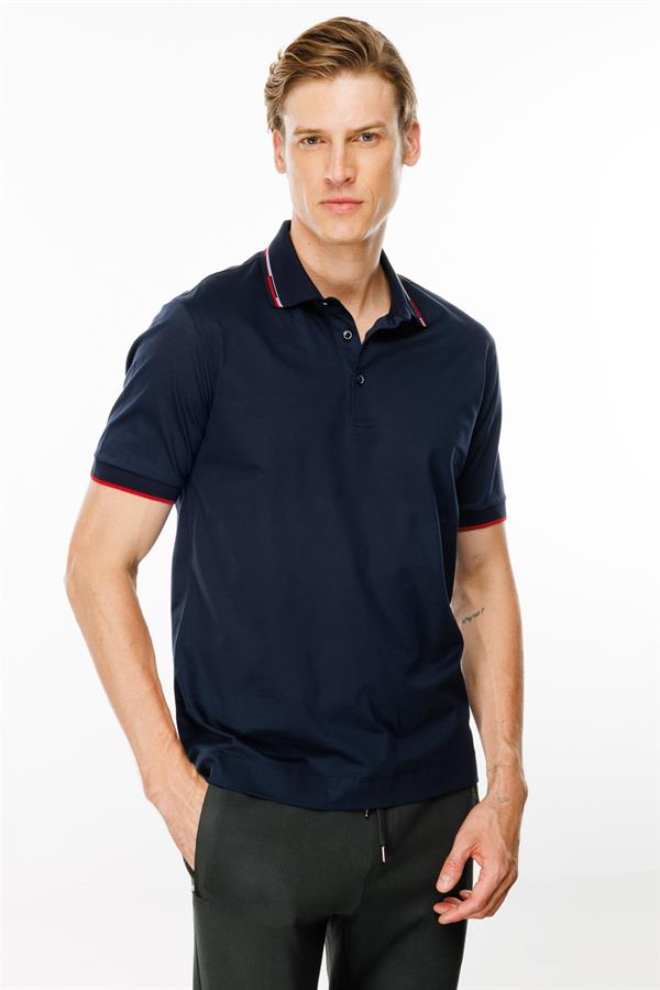 Erkek Polo Yaka Yakası Çizgili T-shirt Lacivert