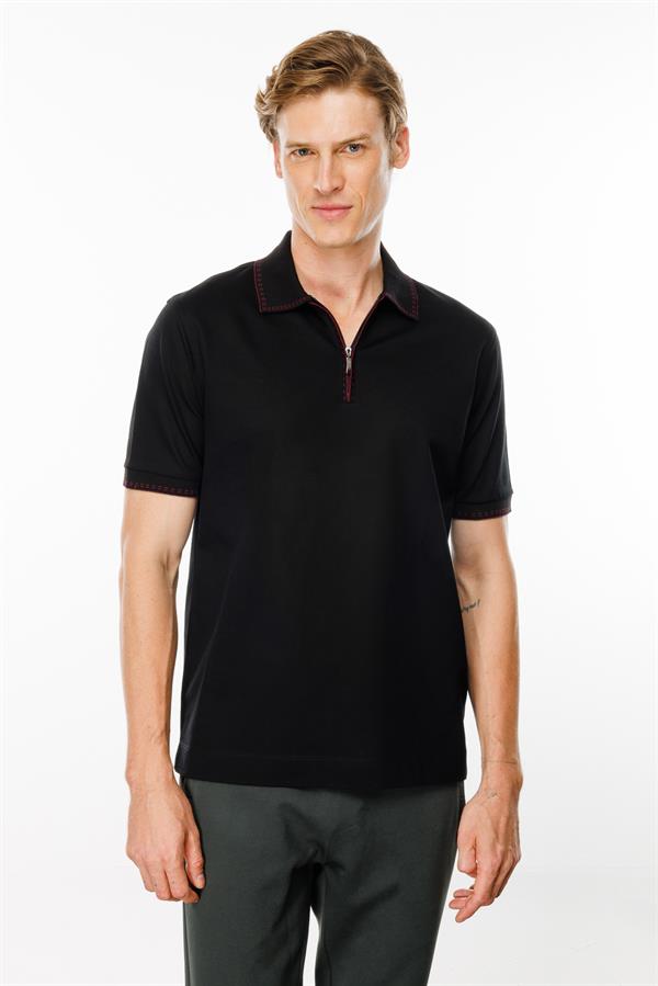 Erkek Polo Yaka Yakası Fermuarlı T-shirt Siyah