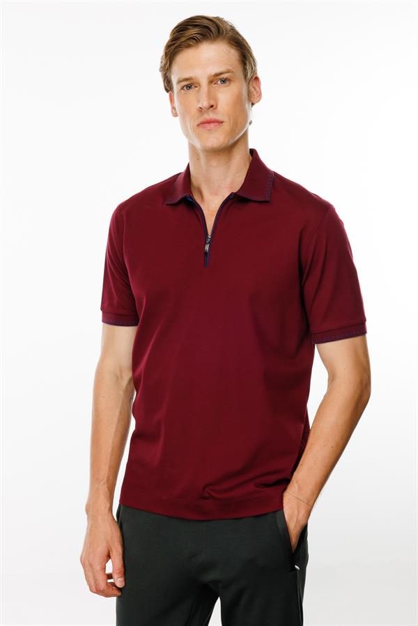 Erkek Polo Yaka Yakası Fermuarlı T-shirt Bordo
