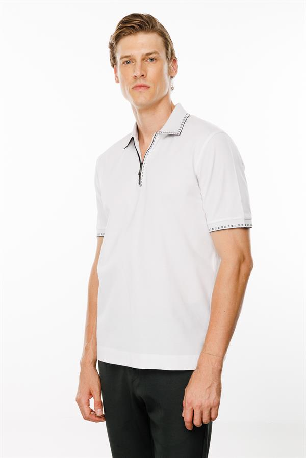Erkek Polo Yaka Yakası Fermuarlı T-shirt Beyaz