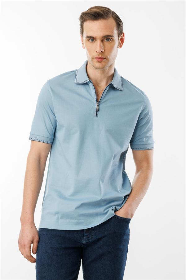 Erkek Polo Yaka Yakası Fermuarlı T-shirt Mavi