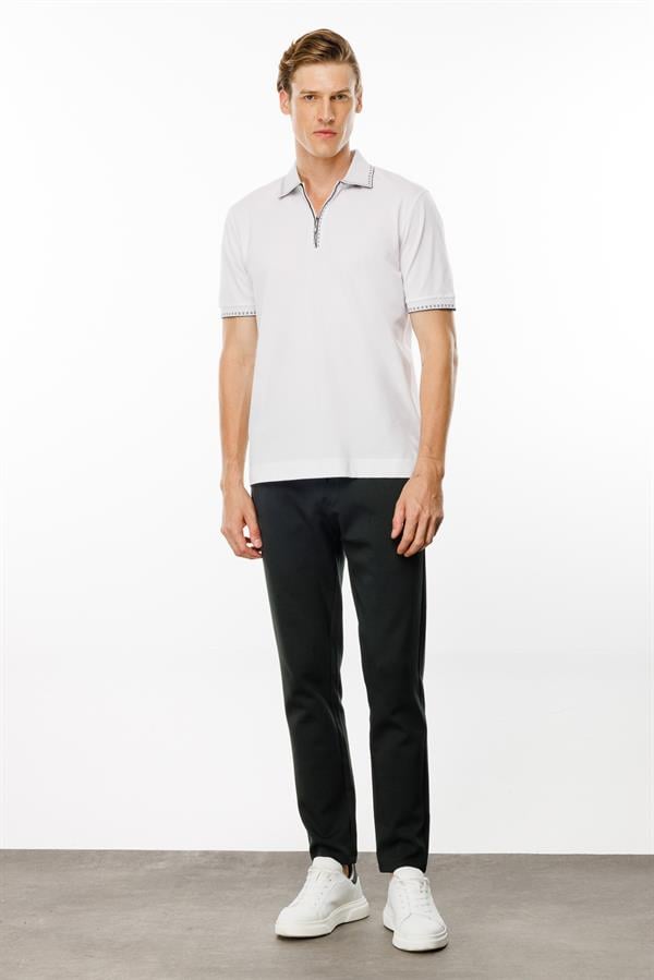 Erkek Polo Yaka Yakası Fermuarlı T-shirt Beyaz