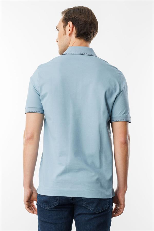 Erkek Polo Yaka Yakası Fermuarlı T-shirt Mavi