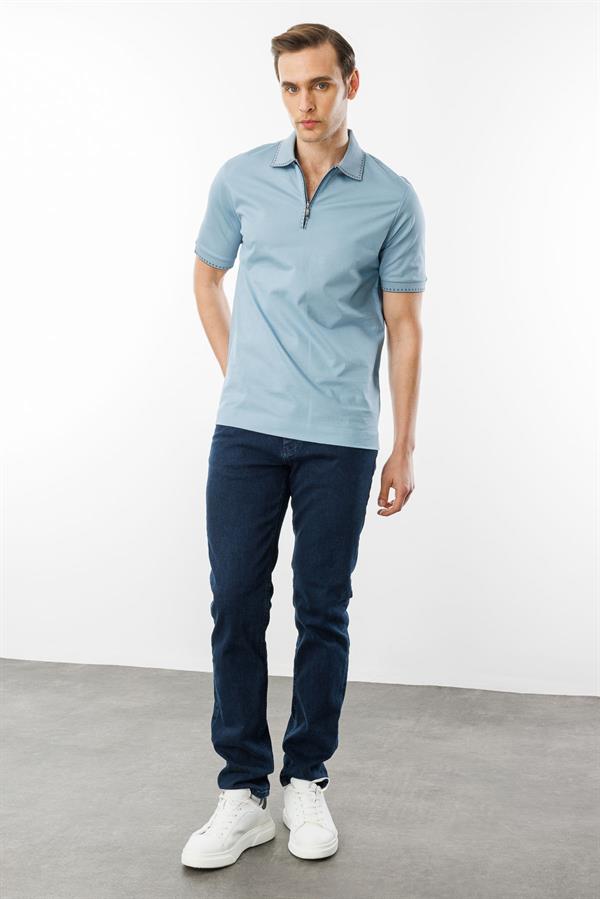 Erkek Polo Yaka Yakası Fermuarlı T-shirt Mavi