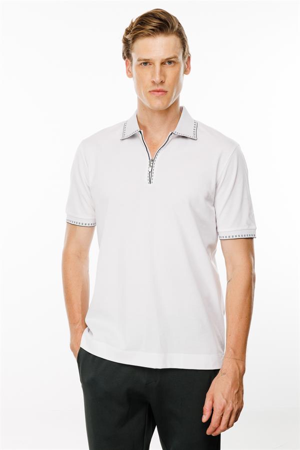 Erkek Polo Yaka Yakası Fermuarlı T-shirt Beyaz