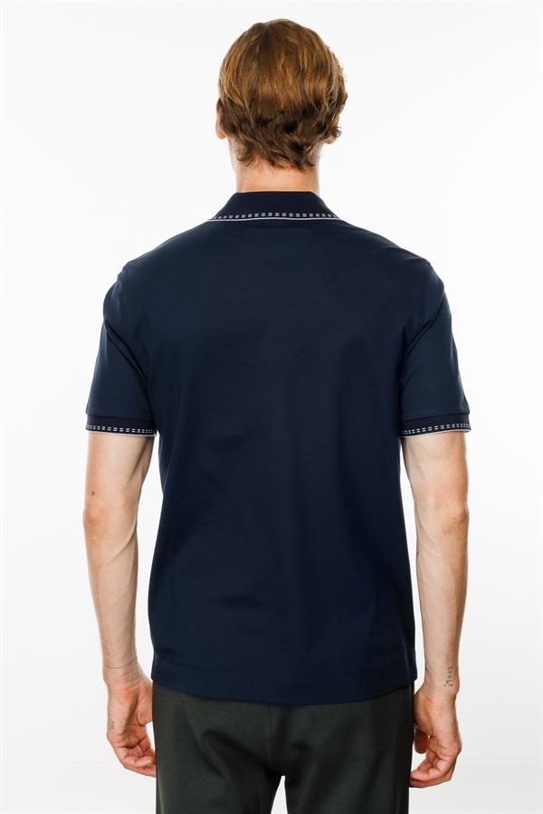 Erkek Polo Yaka Yakası Fermuarlı T-shirt Lacivert