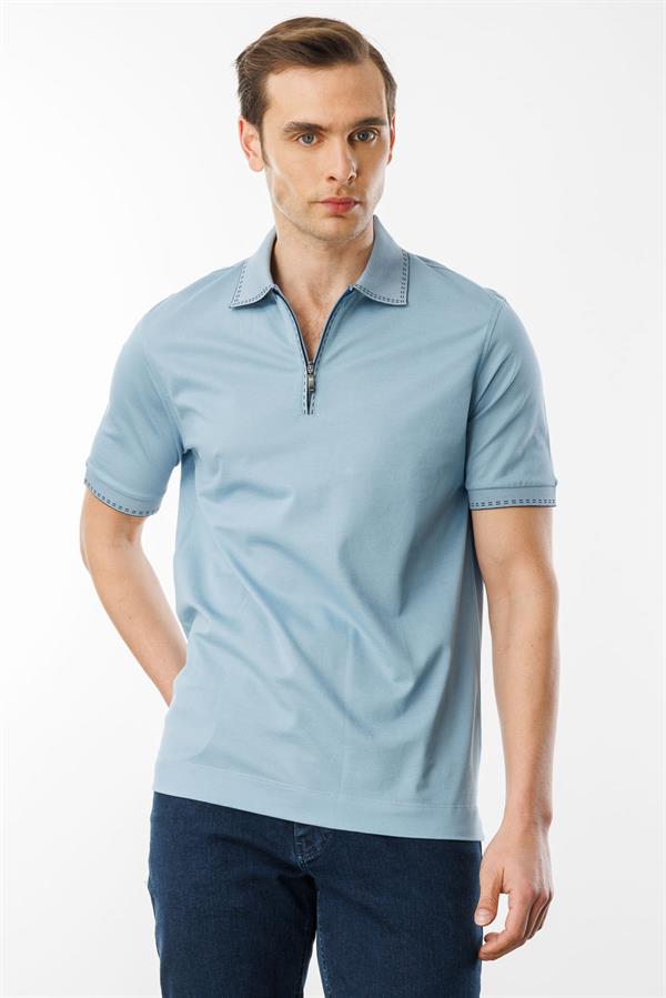 Erkek Polo Yaka Yakası Fermuarlı T-shirt Mavi