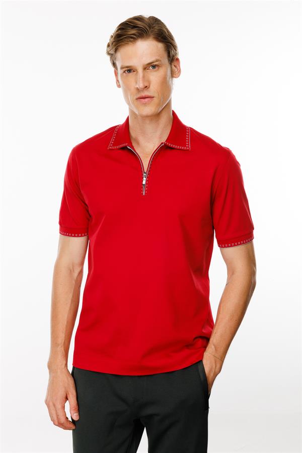 Erkek Polo Yaka Yakası Fermuarlı T-shirt Kırmızı