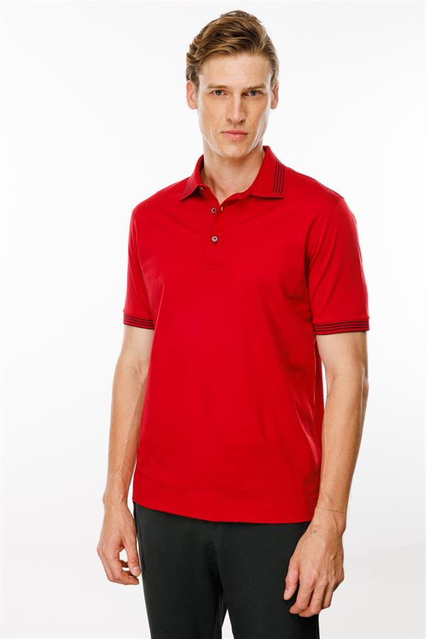 Erkek Polo Yaka Yakası Şerit Desenli T-shirt Kırmızı