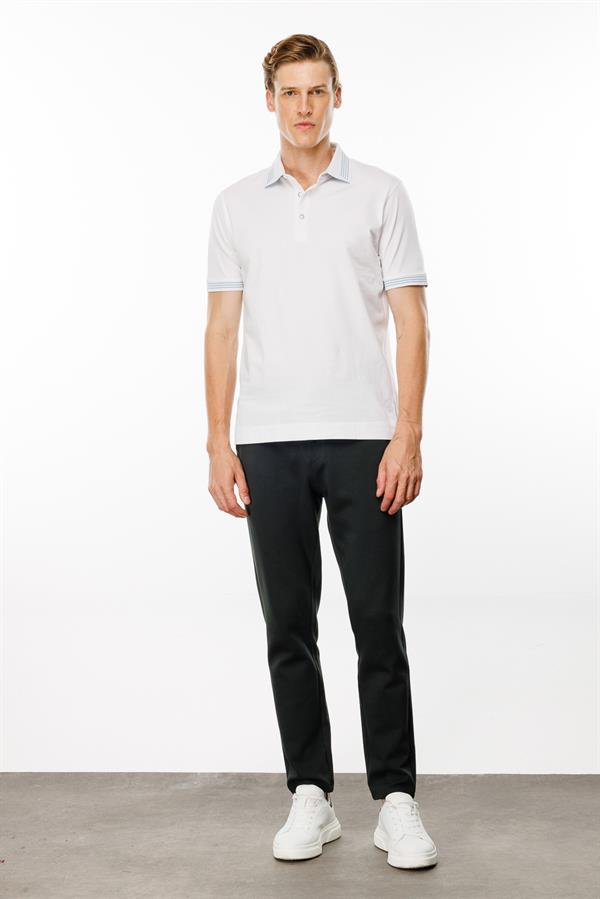 Erkek Polo Yaka Yakası Şerit Desenli T-shirt Beyaz