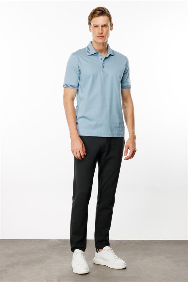 Erkek Polo Yaka Yakası Şerit Desenli T-shirt Mavi