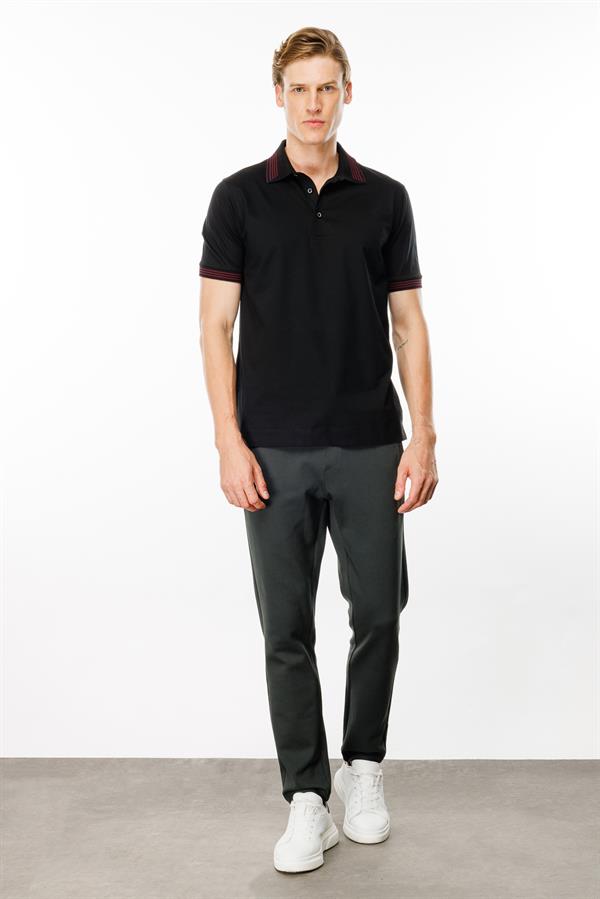 Erkek Polo Yaka Yakası Şerit Desenli T-shirt Siyah