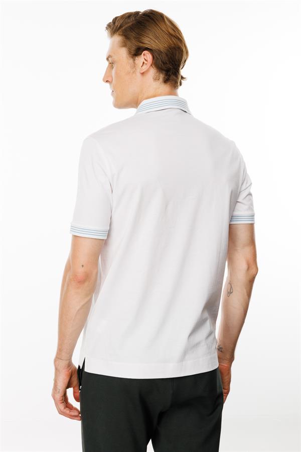 Erkek Polo Yaka Yakası Şerit Desenli T-shirt Beyaz