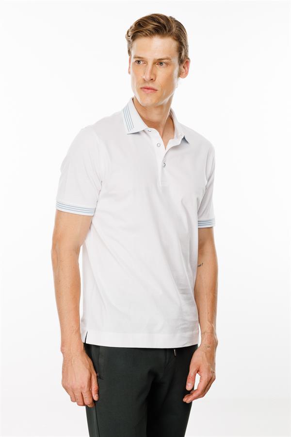 Erkek Polo Yaka Yakası Şerit Desenli T-shirt Beyaz