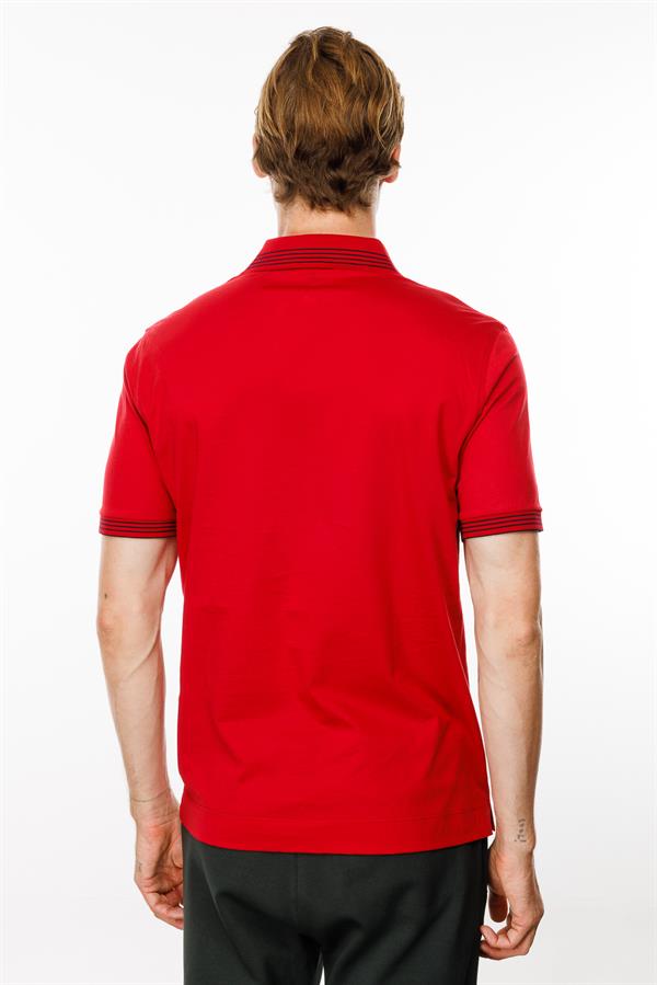 Erkek Polo Yaka Yakası Şerit Desenli T-shirt Kırmızı