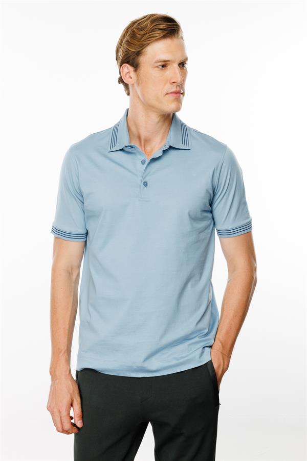 Erkek Polo Yaka Yakası Şerit Desenli T-shirt Mavi