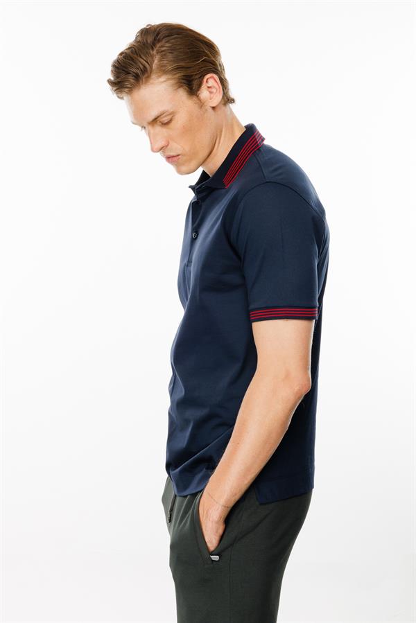 Erkek Polo Yaka Yakası Şerit Desenli T-shirt Lacivert