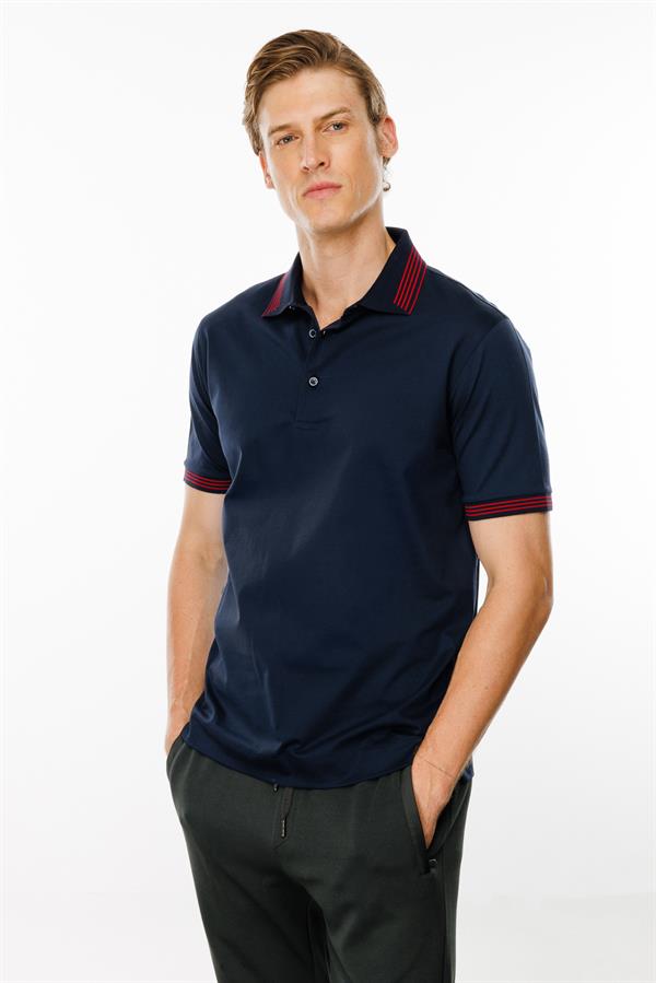 Erkek Polo Yaka Yakası Şerit Desenli T-shirt Lacivert
