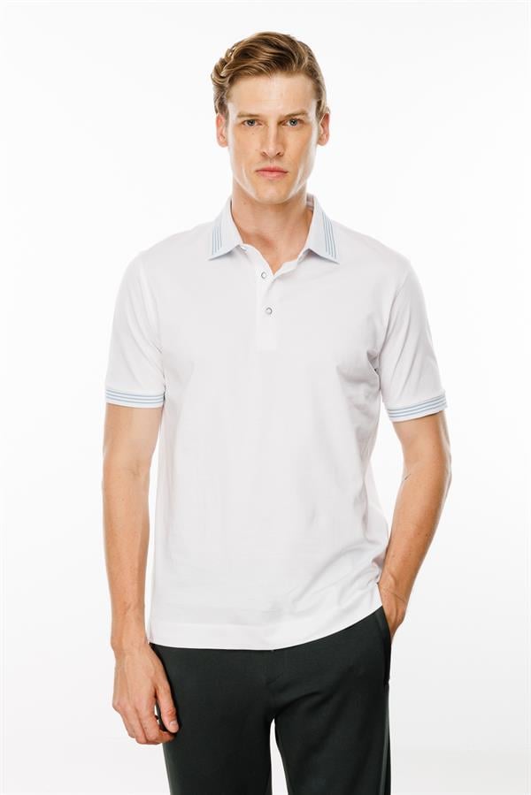 Erkek Polo Yaka Yakası Şerit Desenli T-shirt Beyaz