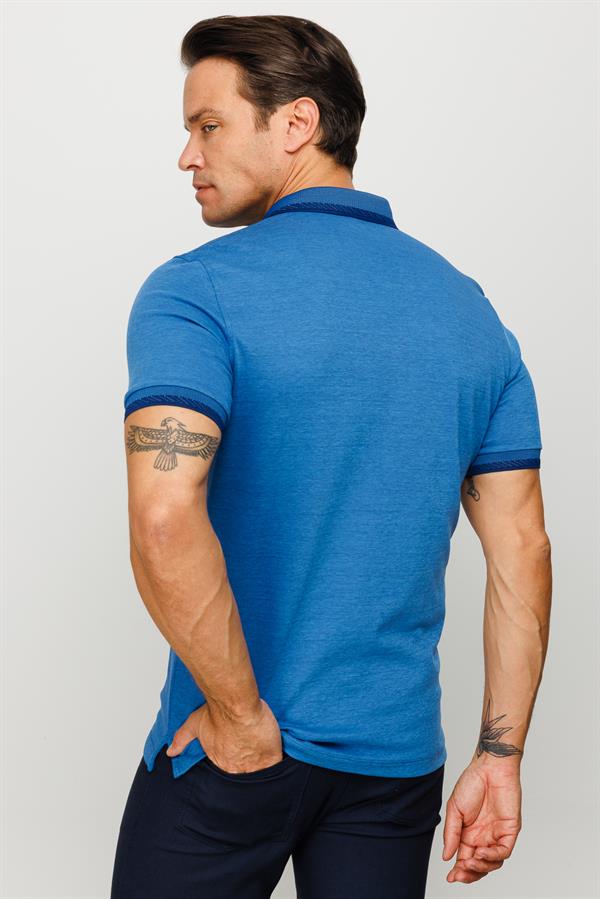 Erkek Polo Yaka Yakası ve Kolu Triko Cepli T-shirt Saks