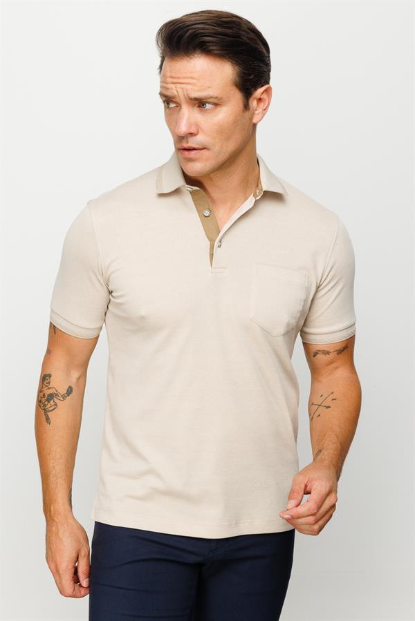 Erkek Polo Yaka Yakası ve Kolu Triko Cepli T-shirt Bej